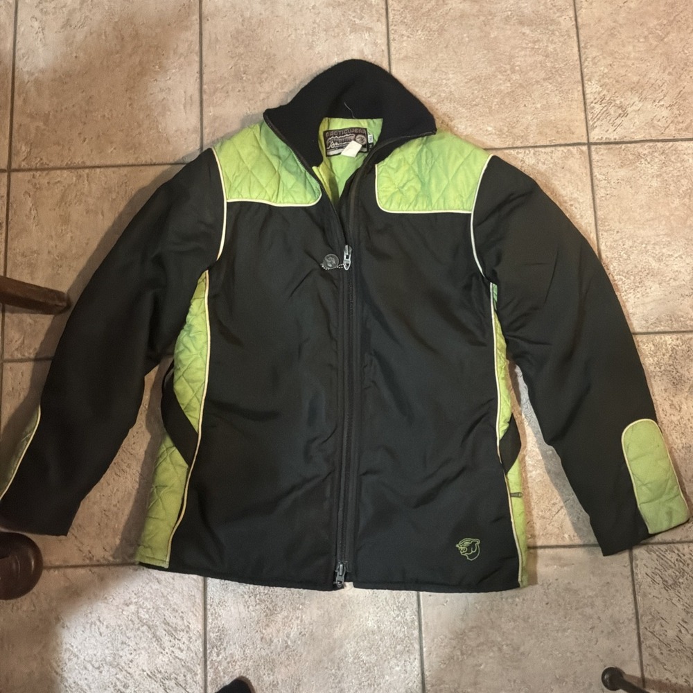 Vintage Arcticwear Arctic‎ Cat Snowmobile Jacket Black Lime Green Womens M Tall